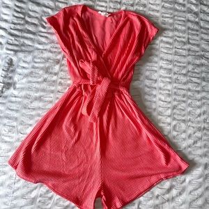 Caution to the Wind Coral Red Ribbed Romper